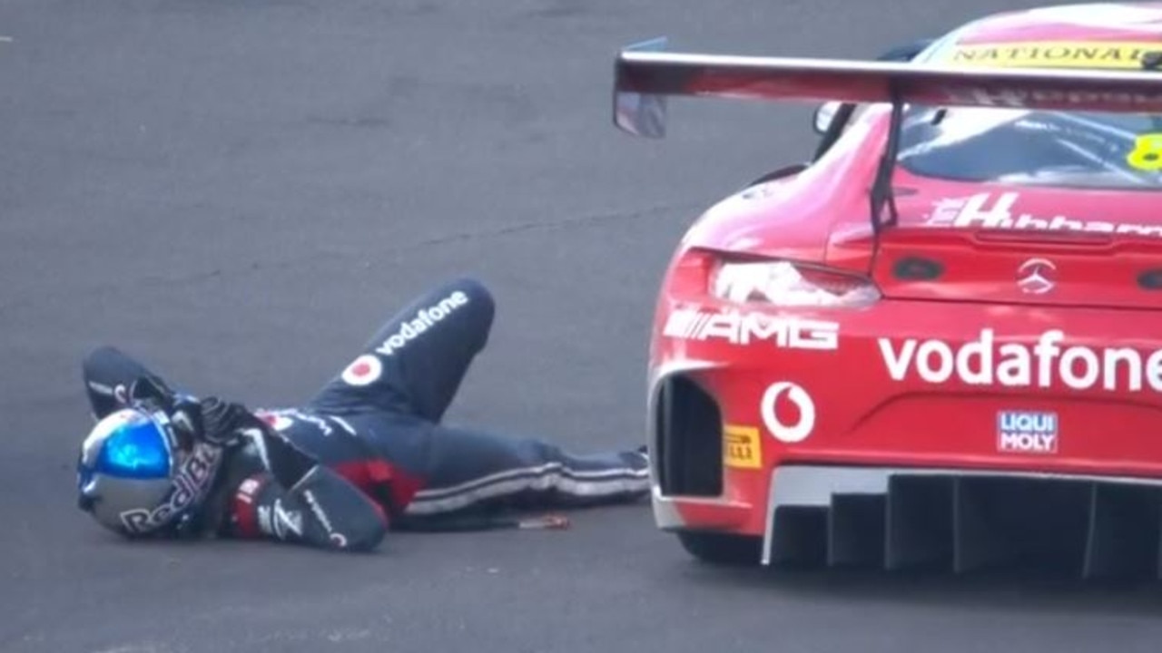 Shane van Gisbergen was pictured lying on the track after an exhausting last stint in the car.