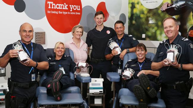 Attila Hernyak, Sarah O'Neil, Vicky Belton (Red Cross), Jordan Campbell, Paul Emmanouel, Debbie Day and Peter Barnhooran donate blood to meet the ever-constant demand in Australia. Picture: Stuart Milligan.