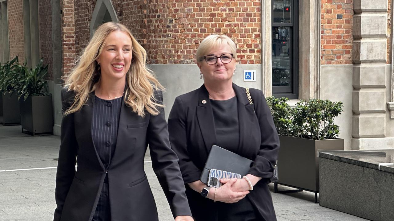 Senator Linda Reynolds (right) arrives at the Supreme Court in Perth on Friday. Picture: NewsWire / Emma Kirk