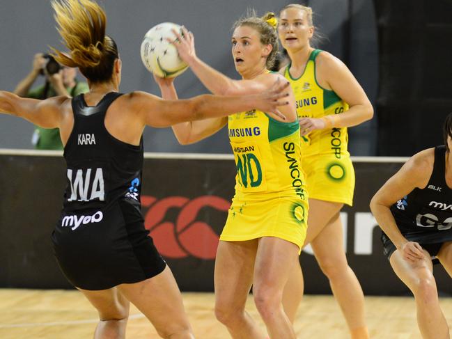 JOHANNESBURG, SOUTH AFRICA - JANUARY 28: Grace Kara of New Zealand and Gabrielle Simpson of Australia during the Netball Quad Series match between New Zealand and Australia at Ellis Park Arena on January 28, 2018 in Johannesburg, South Africa. (Photo by Lee Warren/Gallo Images/Getty Images)