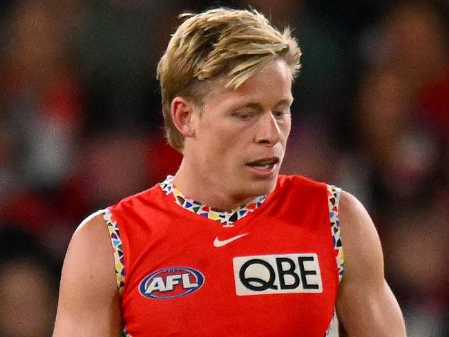 MELBOURNE, AUSTRALIA - JULY 07: Isaac Heeney of the Swans watches on during the round 17 AFL match between St Kilda Saints and Sydney Swans at Marvel Stadium, on July 07, 2024, in Melbourne, Australia. (Photo by Morgan Hancock/AFL Photos/via Getty Images)