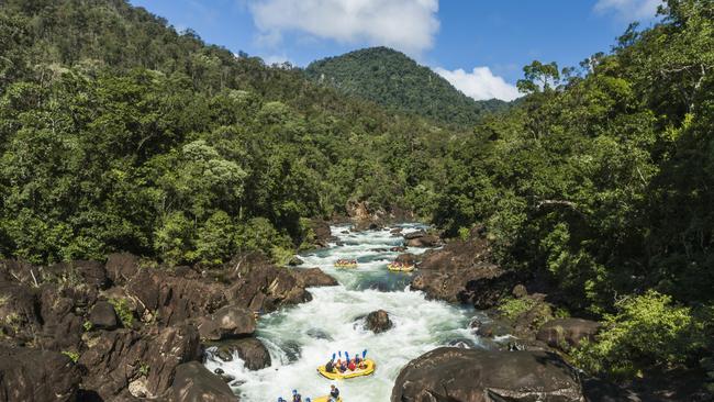 Aerial view of white water rafts in the rainforest surrounds of the Tully Gorge. Picture: Supplied