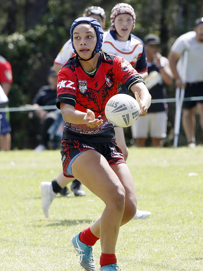 Action from 16 Girls Tonga v Philippines. Harmony Nines Rugby League. Picture: John Appleyard