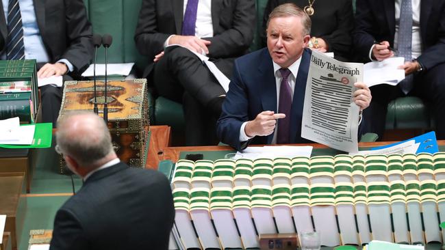 Opposition Leader Anthony Albanese holds up a copy of The Daily Telegraph in parliament. Picture: Gary Ramage