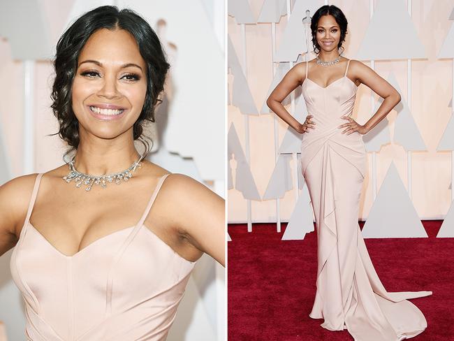 Zoe Saldana at the Oscars 2015 red carpet. Picture: Getty