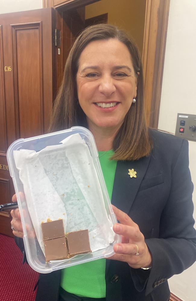 Attorney-General Deb Frecklington treating the press gallery with her caramel slice.