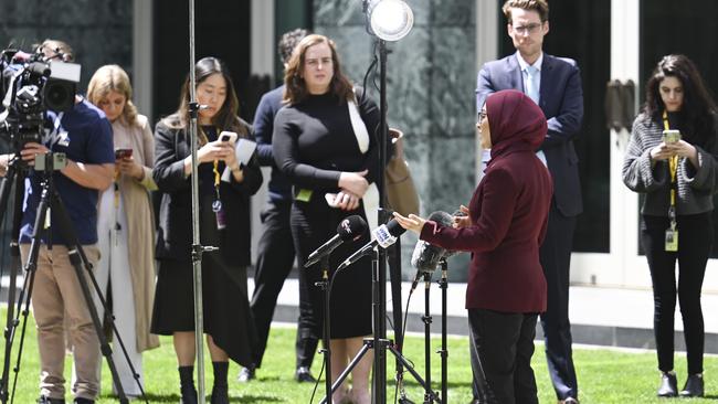 Senator Fatima Payman holds a press conference to launch her new party Australia’s Voice. Picture: Martin Ollman/NewsWire