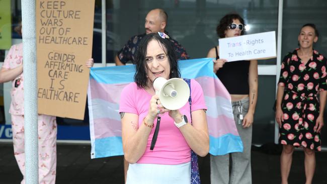 The Cairns trans community and supporting family members protest the State Government's pause on gender therapy including puberty blockers and hormone treatments. Wendy Ramsey led the rally on Wednesday, January 30, chanting "trans rights are human rights." Picture: Arun Singh Mann