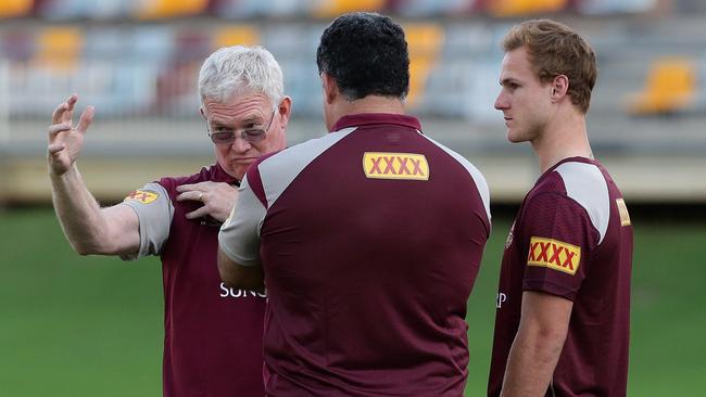 Daly Cherry-Evans talks about his shoulder injury with the team doctor Roy Saunders and coach Mal Meninga during the 2015 series. Picture: Adam Head