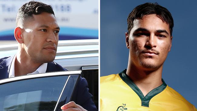 Former Wallabies star Israel Folau (left) and Jordan Petaia, who will play his second match for the Wallabies against Georgia on Friday night.