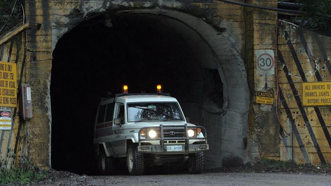 A vehicle emerging from the main decline at Mt Lyell copper mine on Tasmania’s West Coast.