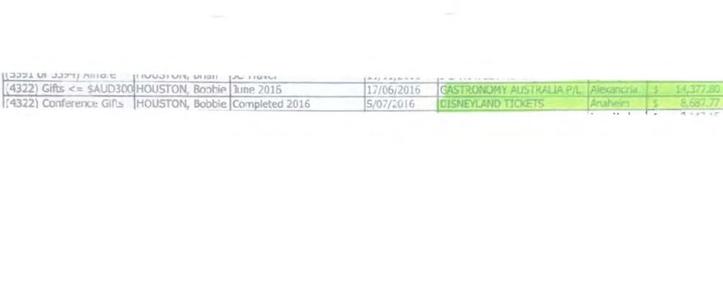 A screenshot of Hillsong financial documents released under parliamentary privilege showing Bobbie Houston listed as spending more than $8000 on tickets to Disneyland in Anaheim, California.