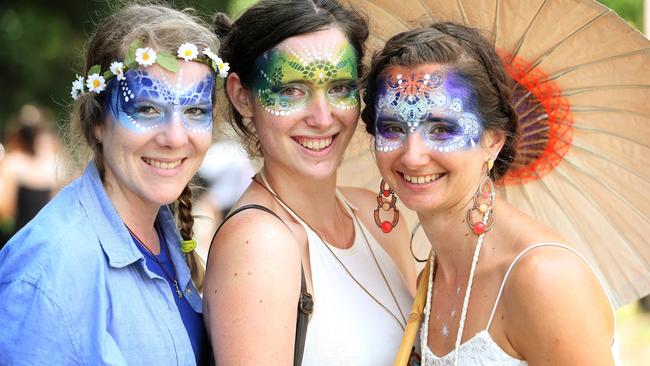 Katie-Jane Henderson, Ipswich, Holly Mears, Coorparoo, and Shannon Grundon, Gold Coast, enjoying New Year’s Eve at the Woodford Folk Festival, 2014. Pics Tara Croser.