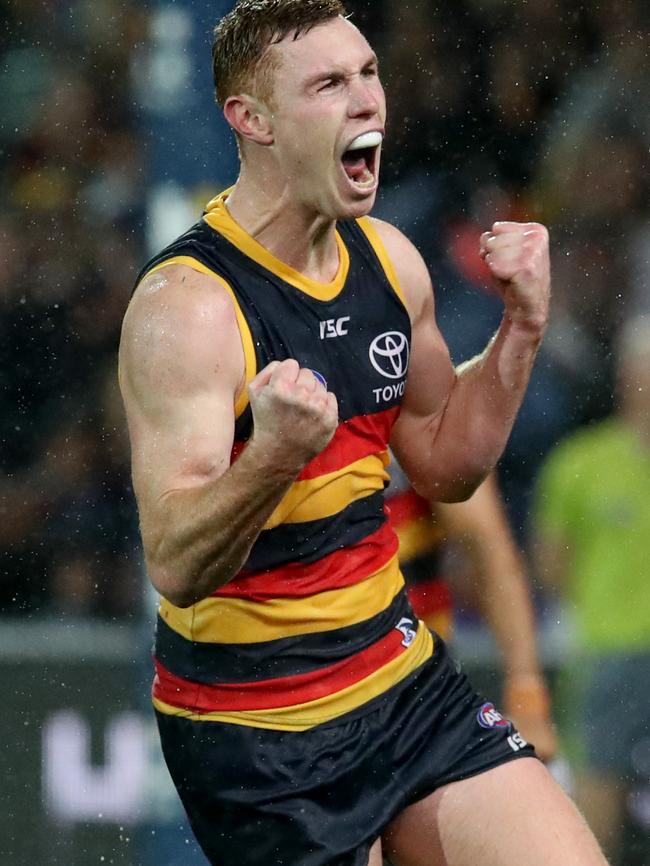 Tom Lynch celebrates a goal against Western Bulldogs. Picture: AAP Image/Kelly Barnes