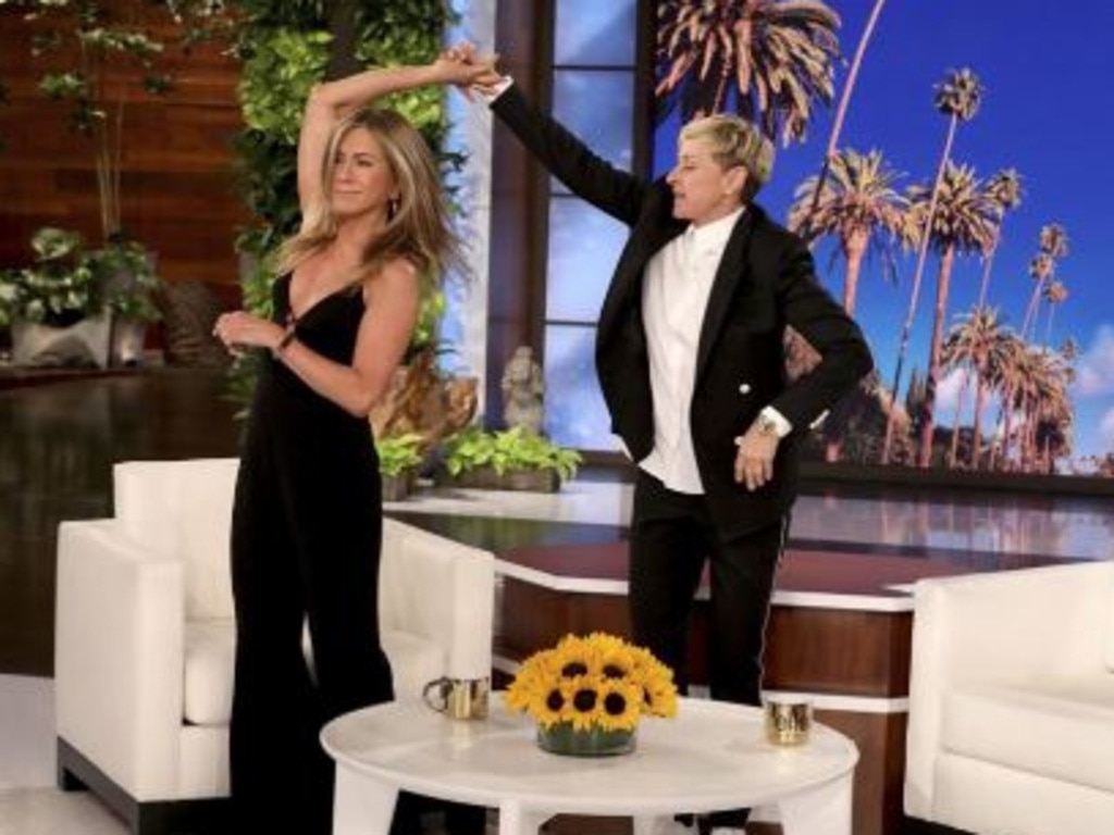 Ellen DeGeneres and Jennifer Aniston dance on the final Ellen show. Picture: Warner Bros.