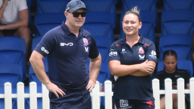 Roosters head of female pathways John Strange and Tarsha Gale Cup coach Keeley Davis.