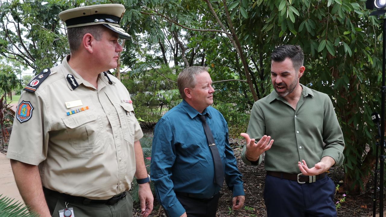 Corrections Commissioner Matthew Varley, left, CDU Tafe chief executive Michael Hamilton and Attorney-General Chansey Paech announce a $1.7 per-year training partnership between the university and the prisons.