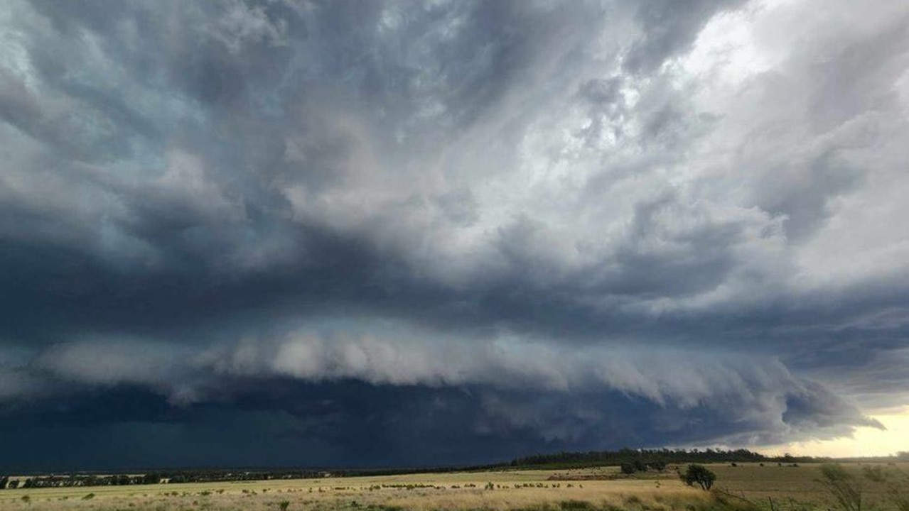 A large storm brewing south west of Roma that has been warned to bring damaging winds, large hail and heavy rain. Picture: Higgins