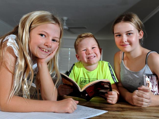 Lola, 9, Finn, 5, and Ruby Pugh-Jones, 13. Picture: John Gass/AAP