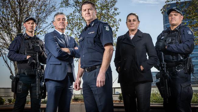 Chief Commissioner Shane Patton with VIPER task force members Det Insp Anthony Brown, Sgt Helen McCormack and Public Order Response Team officers. Picture: Jake Nowakowski