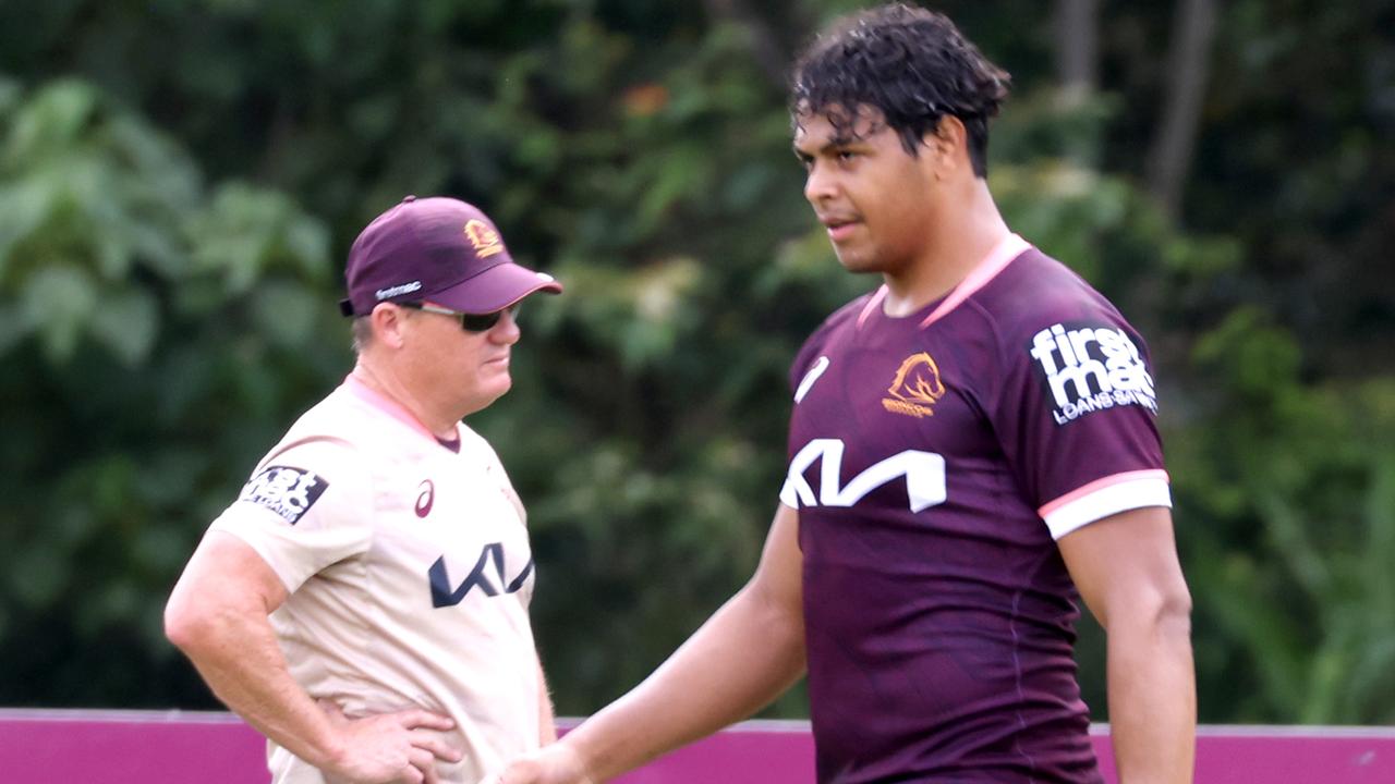 Selwyn Cobbo and Kevin Walters at Broncos pre-season training. Picture: Steve Pohlner