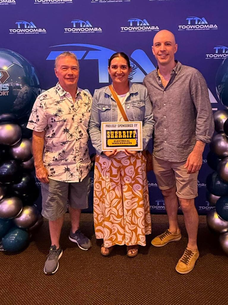 Sherriff Electrical Wholesalers reps with Masters captain Stacey Hancock at the Toowoomba Elite Touch draft night. Picture: Toowoomba Touch Association.