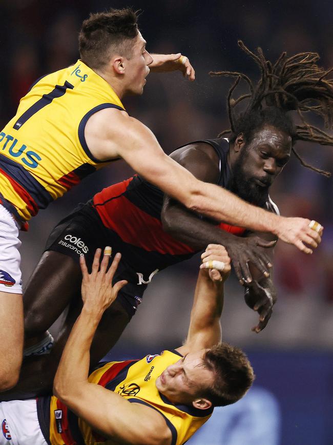 Tom Doedee and Anthony McDonald-Tipungwuti collide at high speed. Picture: Michael Klein