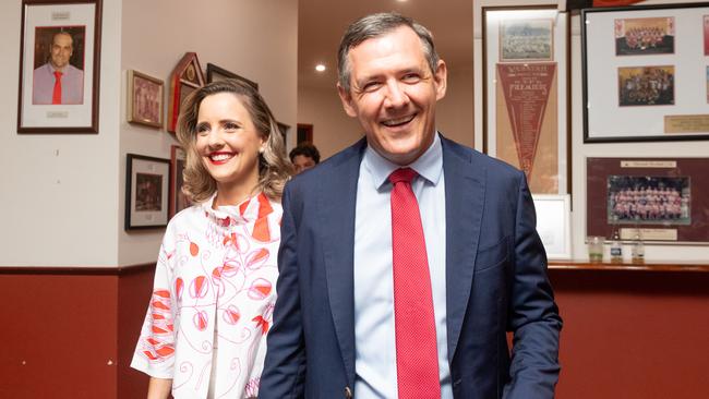 Chief Minister Michael Gunner and wife Kristy arrive at the Northern Territoy Labor Election Party at Waratah Football Club in Darwin. Picture: Che Chorley