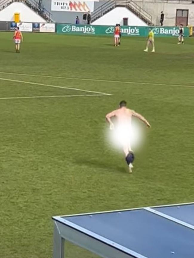 The naked man ran onto the North Hobart Oval during the SFL reserves grand final on Saturday, September 16, 2023. Picture: Facebook