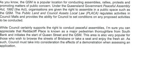 Letter from Councillor Krista Adams to Cube of Truth organisers about conditions for assembly in the CBD