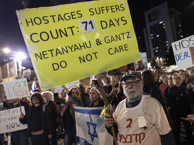 Families of hostages and their supporters rally outside The Museum of Art, known as the 'The Hostages and Missing Square'. Picture: Getty Images