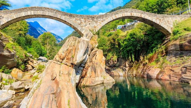 Ponte dei Salti over the Verzasca River in Ticino Canton, Switzerland.