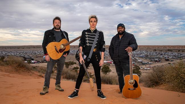 Sarah McLeod with fellow singer-songwriters Thomas Busby, left, and Jeremy Marou at the Big Red Bash music festival in western Queensland on July 5, 2021. Picture: Matt Williams