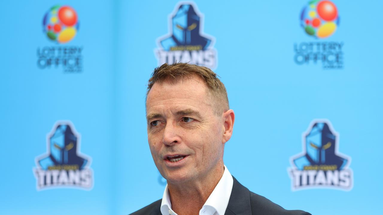 GOLD COAST, AUSTRALIA - NOVEMBER 03: Titans CEO Steve Mitchell speaks to the media during a Gold Coast Titans Media Opportunity at The Club at Parkwood Village on November 03, 2023 in Gold Coast, Australia. (Photo by Chris Hyde/Getty Images)