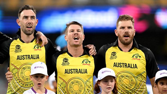 Glenn Maxwell, David Warner and Aaron Finch. Photo by Bradley Kanaris/Getty Images