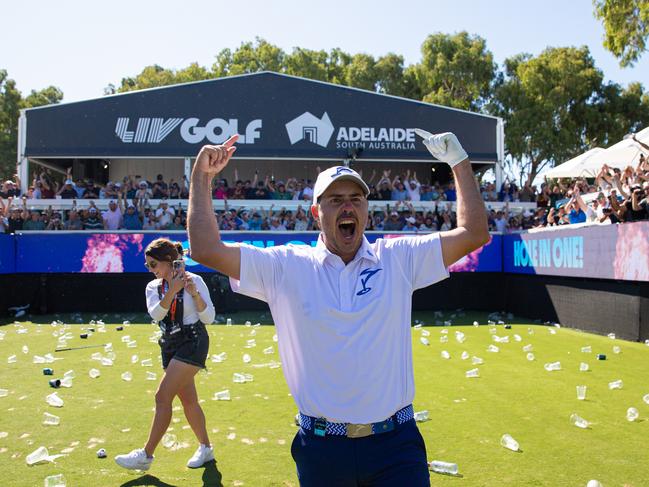 Chase Koepka of Smash GC reacts after making a hole-in-one on the 12th hole during the final round of LIV Golf Adelaide at the Grange Golf Club on Sunday, Apr. 23, 2023 in Adelaide, Australia. (Photo by Jon Ferrey/LIV Golf)