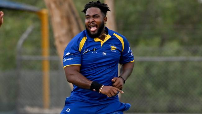 Deer ParkÃs Roshon Primus celebrates the wicket of Luke Smith during the VTCA grand final cricket match between Deer Park and St Francis de Sales in Deer Park, Saturday, March 19, 2022. Picture:Andy Brownbill