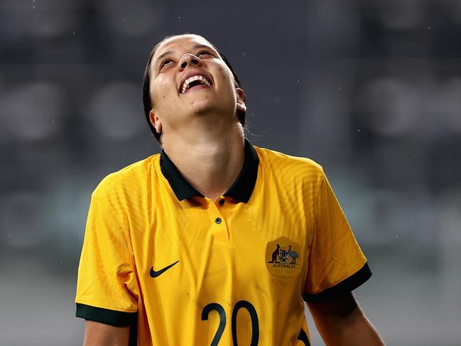 Sam Kerr of the Matildas reacts after winning the Women's International Friendly match between the Australia Matildas and Brazil at CommBank Stadium on October 23. Picture: Cameron Spencer/Getty Images