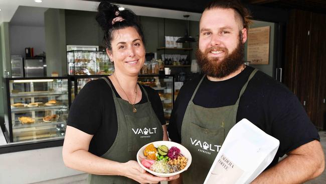 Rebecca and Woody Theuerl sold out of their cabinet food on their opening day of their new cafe Vault Espresso in Noosaville. Picture: Patrick Woods