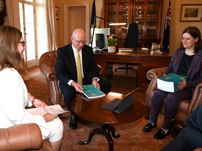 Governor General David Hurley received the final report from the Royal Commission into Aged Care Quality and Safety from Commissioner Lynelle Briggs (left) on Friday. Picture: AAP Image/Dan Himbrechts