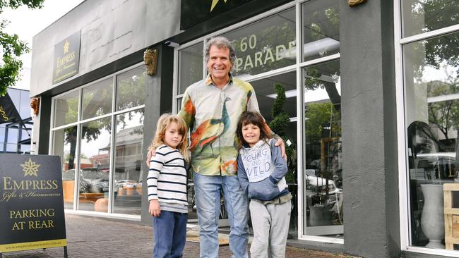 Vlad Borovac with his sons Rafael and Akasha outside his new Empress store on The Parade. Picture: AAP/Morgan Sette