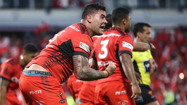 Andrew Fifita reacts after his try attempt in the final seconds was disallowed.