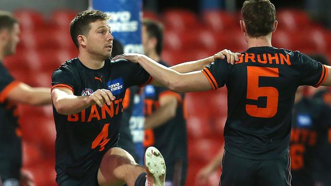 Toby Greene was warming up for the Giants ahead of the clash against Sydney on the Gold Coast when he was among five players forced to withdraw due to Covid-19 protocols Picture: Getty Images