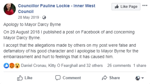 The apology made on Facebook by Inner West councillor Pauline Lockie.