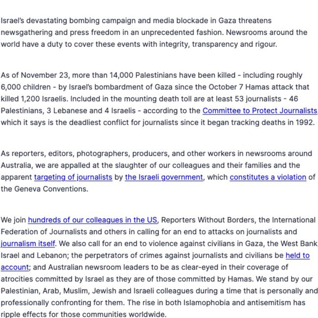 The letter was signed by 53 journalists from various institutions including ABC, Guardian Australia, Sydney Morning Herald, The Age, Schwartz Media.