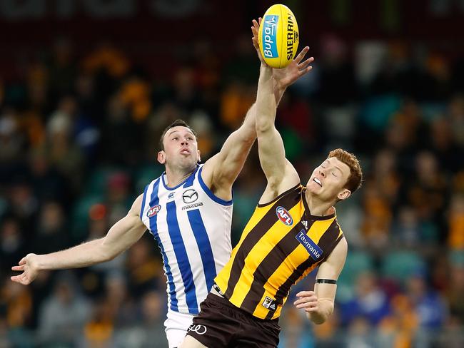 Todd Goldstein of the Kangaroos and Tim O'Brien of the Hawks compete in a ruck contest in Launceston. Picture: ADAM TRAFFORD/AFL MEDIA/GETTY IMAGES