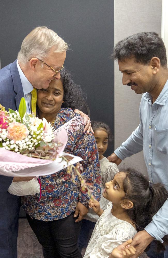 In a surprise visit to Gladstone Wednesday, Sri Lankans Priya Nadaraja, Nades Murugappan and their daughters, Kopika and Tharnicaa Nadesalingam had an impromptu meeting with Prime Minister Anthony Albanese. Mr Albanese later shared photos of their unexpected visit via his Twitter account. Picture: Twitter