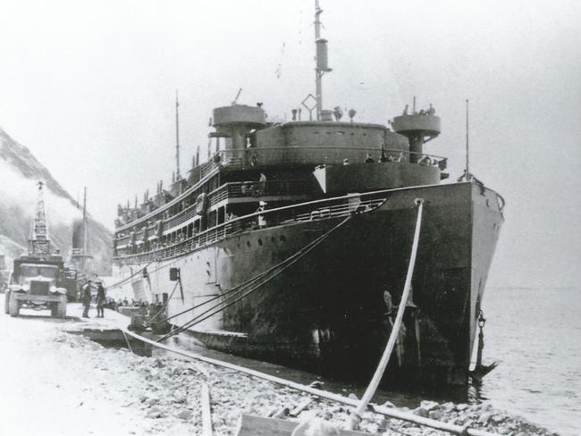 Army transport ship SS Dorchester at dock in 1943. It was later torpedoed by a German submarine.