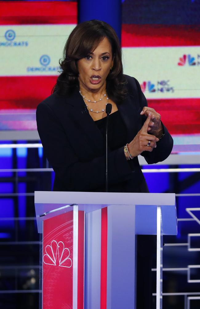 Ms Harris during the Democratic primary debate. Picture: AP/Wilfredo Lee.