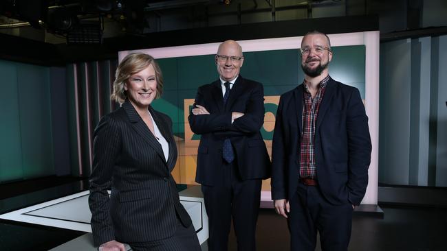 Justin Stevens, right, with Leigh Sales and John Lyons. Picture: Britta Campion / The Australian